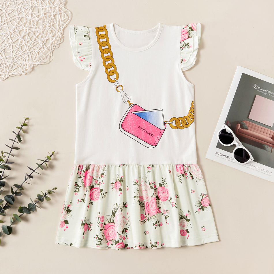 Kids Girl Floral Cartoon Bag Print Ruffle-sleeve Dress White