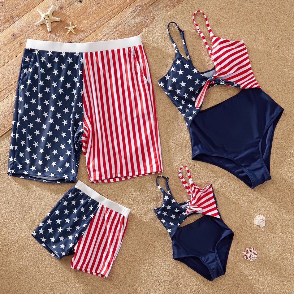 Independence Day Series Flag Print Family Matching Swimsuits(V-neck Sling One-piece Swimsuits for Mommy and Me) Color block