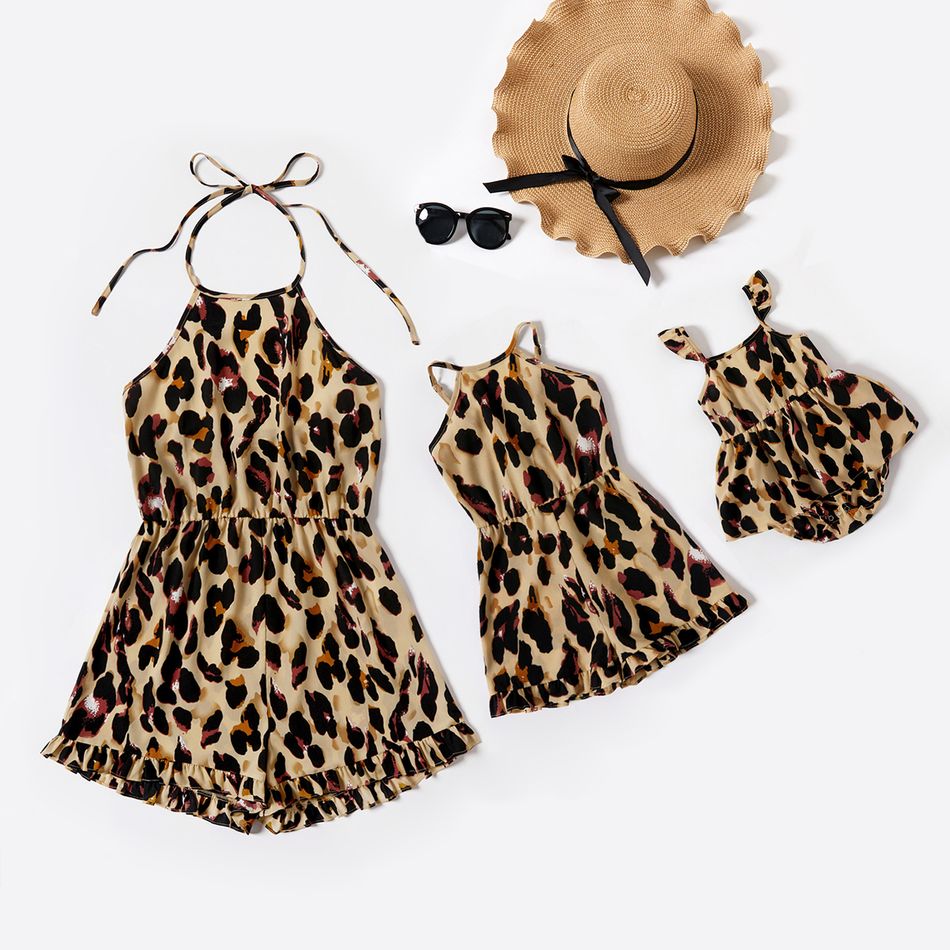 Leopard Ruffle Cuff Matching Shorts Rompers Khaki