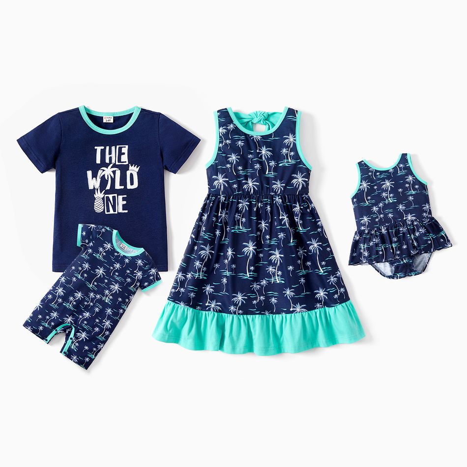 Mosaic Coconut Tree Print Matching Sets for Siblings Blue