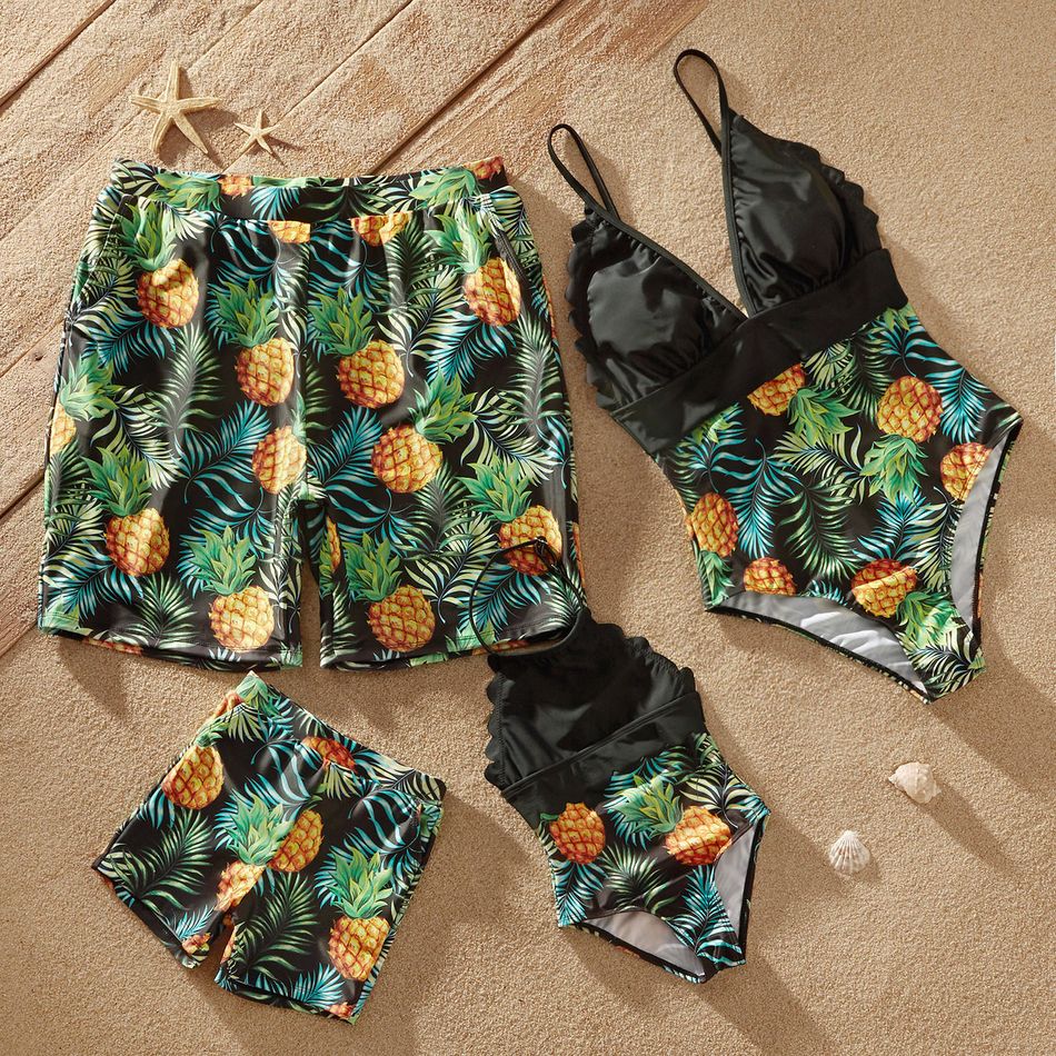 Fruit Pineapple Plants Series One-piece Family Matching Swimsuits(Sling Black Deep V-neck Splice Swimsuits for Mom; O Neck Swimsuits for Girl） Black