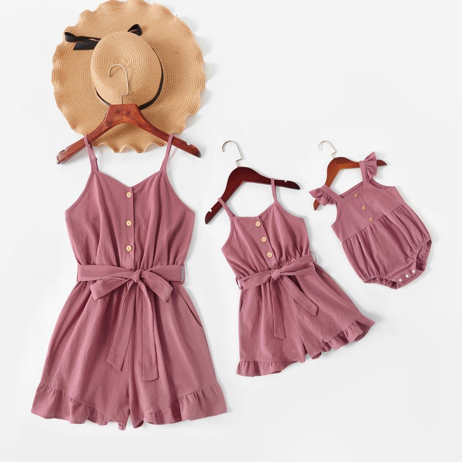 100% Cotton Solid Pink Sling Rompers with Buttons for Mommy and Me Dark Pink