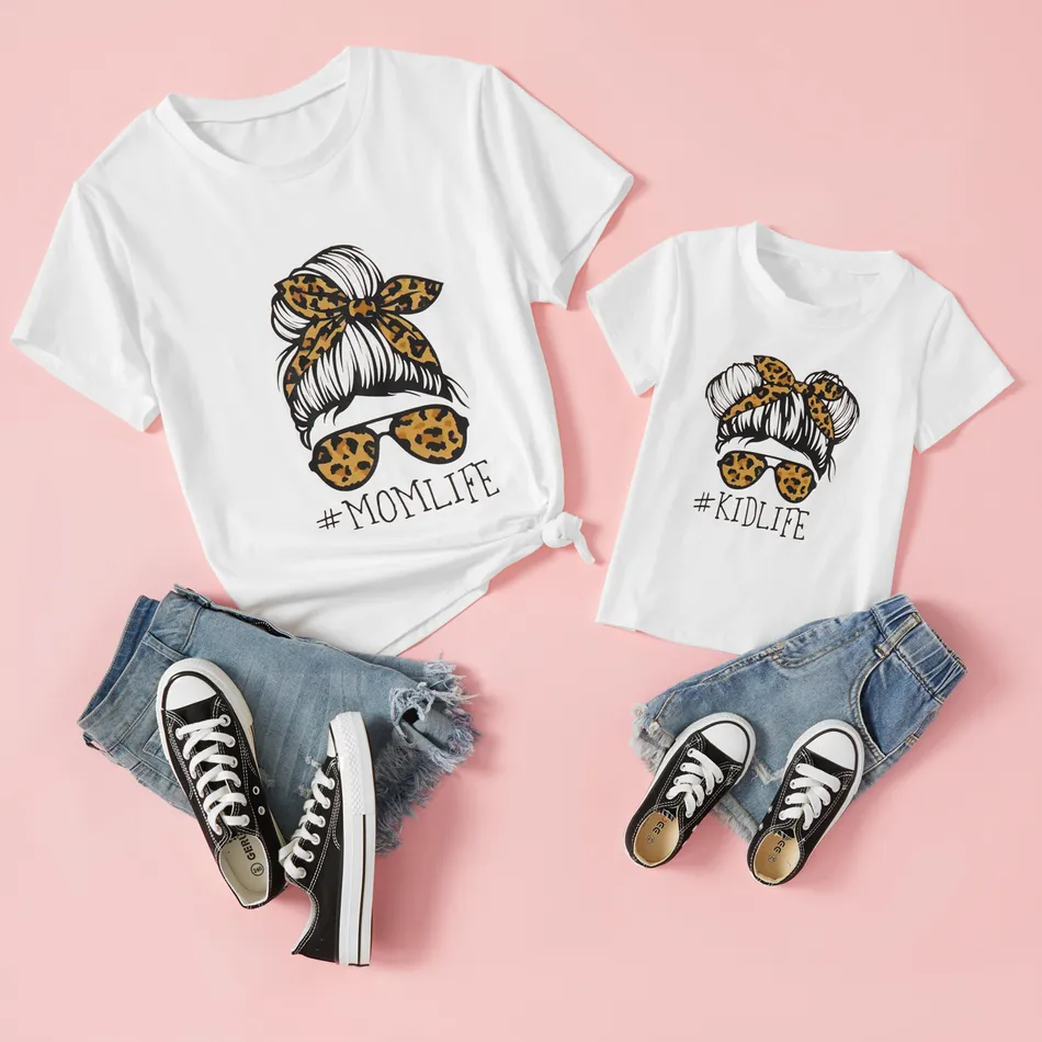 Letter Print Short Sleeve T-shirts for Mommy and Me White