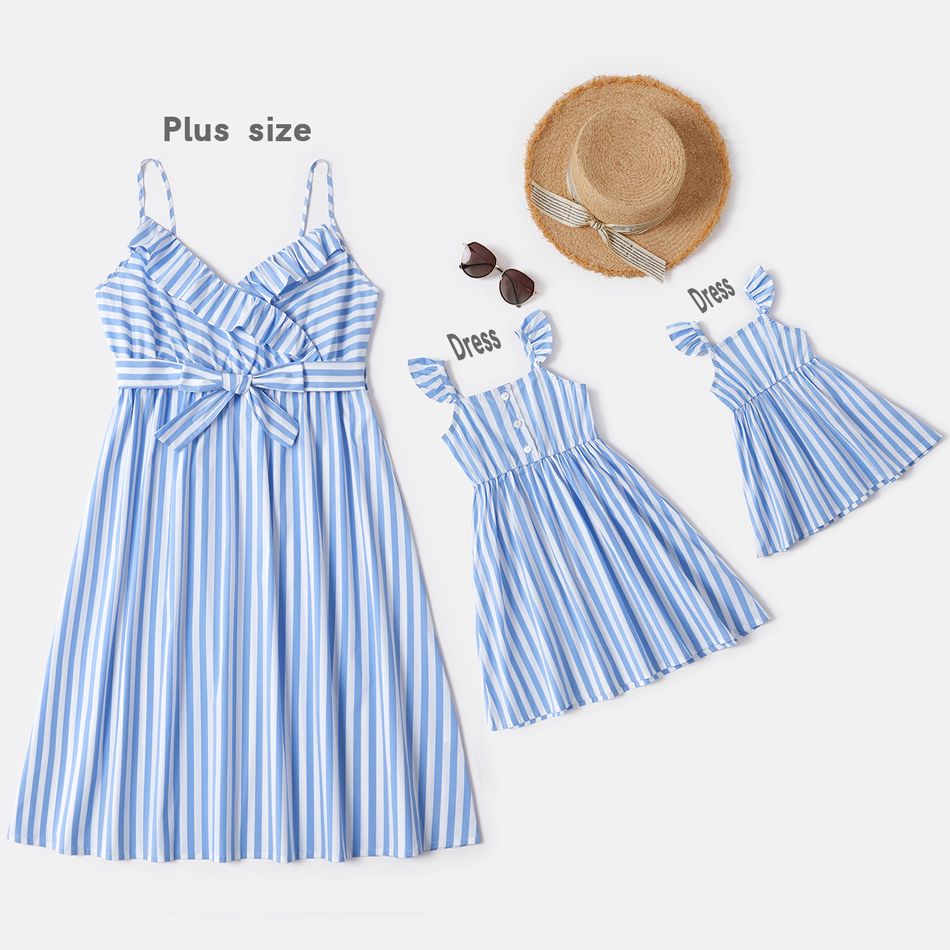 Blue and White Stripe Matching Sling Midi Dresses Light Blue