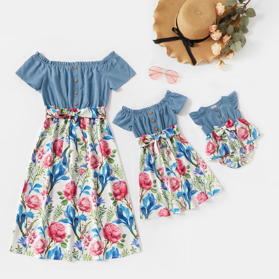 Mommy and Me Solid Stitching Floral Print Off-shoulder Dresses Light Blue