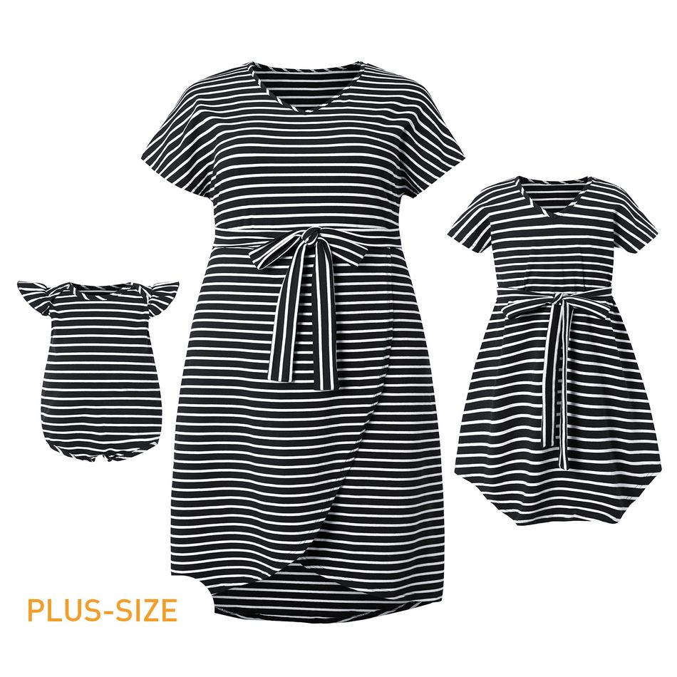 Striped Short-sleeve Matching Midi Dresses Black/White
