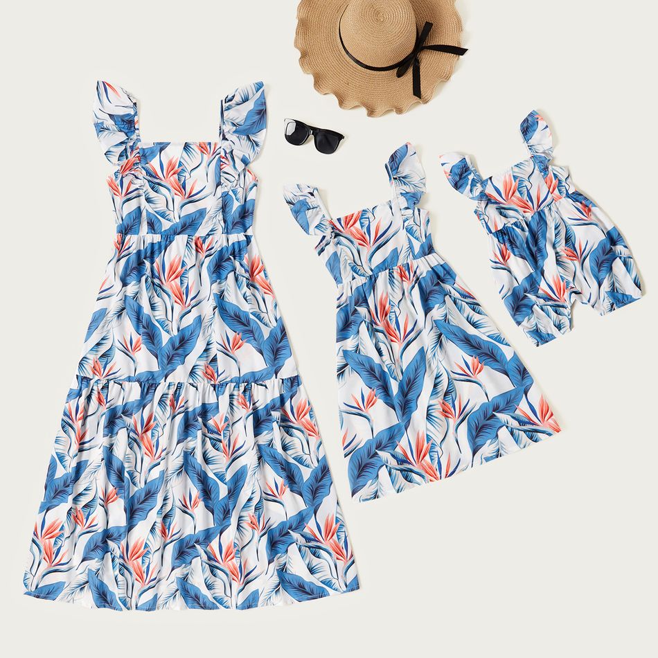 Mosaic Floral Print Flutter-sleeve Matching Midi Tank Dresses Multi-color