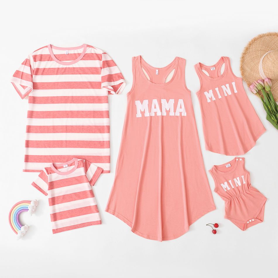 Mosaic Pink Series Cotton Family Matching Sets(Tank Dresses for Mom - Girl and Baby Rompers ; Striped T-shirts for Dad and Boy) Pink