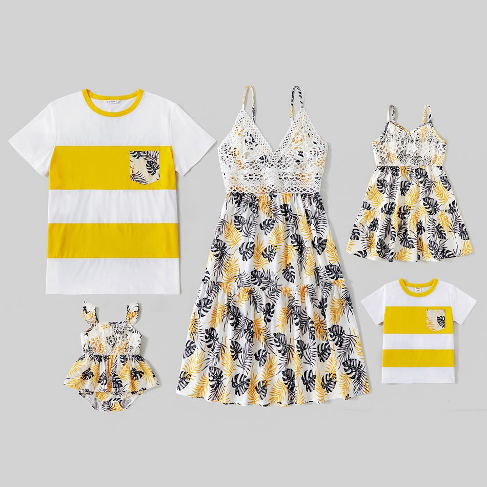 Mosaic Leaf Print Family Matching Vacation Color Block suits Yellow