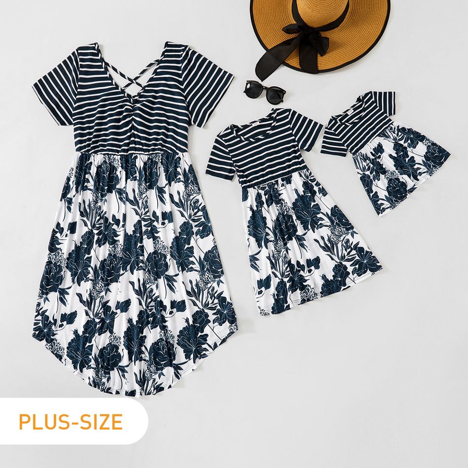 Stripe and Floral Print Short-sleeve Matching Midi Dresses Dark Blue