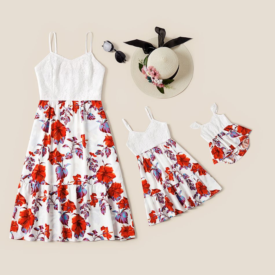 Mosaic Floral Print Sleeveless Matching Midi Sling Dresses White
