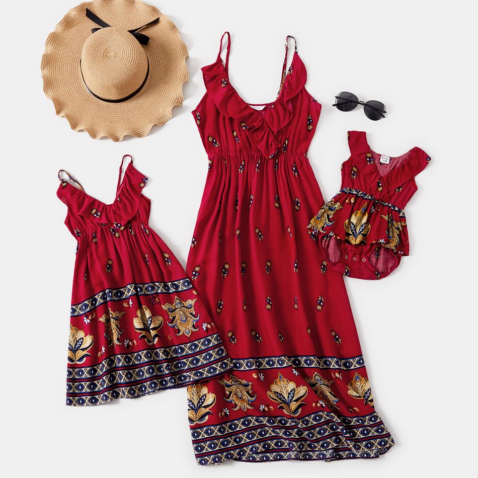 Mosaic Floral Print Matching Red Sling Midi Dresses Red