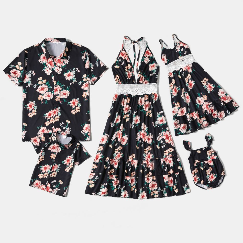 Floral Print Family Matching Sets(Lace Neck Strap Dresses for Mom ; Button Front Shirts for Dad and Boy ; Baby Rompers) Multi-color
