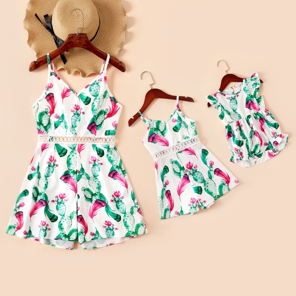 Cactus Pattern Matching White Sling Shorts Rompers White