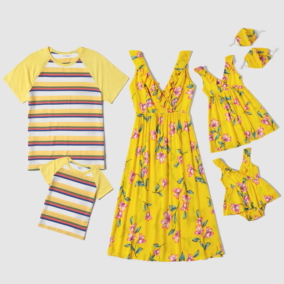 Mosaic Floral Print and Stripe Family Matching Sets Yellow