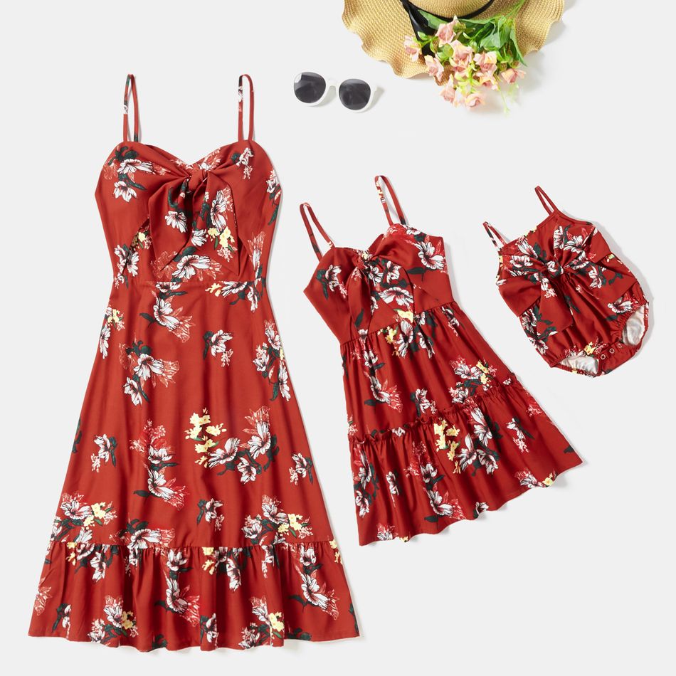 Floral Print Sleeveless Matching Red Midi Sling Dresses Red
