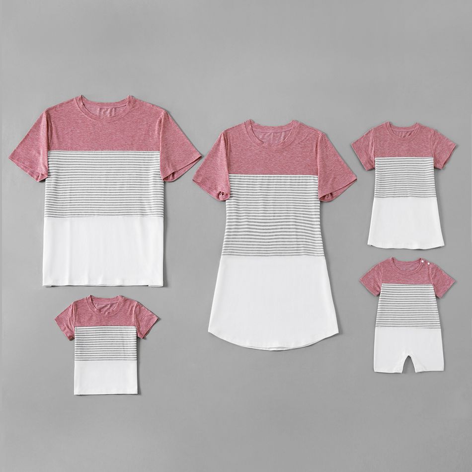 Stripe Series Family Matching Sets(Short Sleeve T-shirt Dresses for Mommy and Girl） Pink