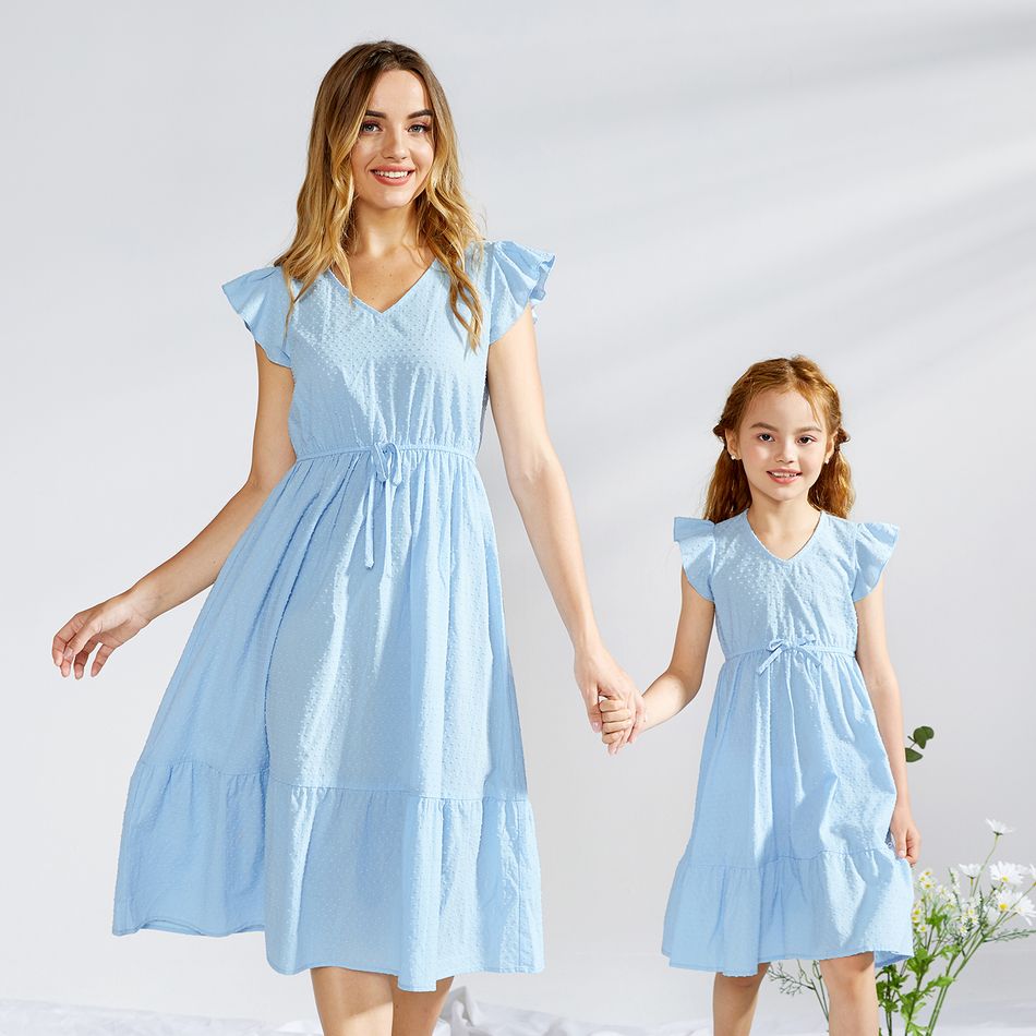 100% Cotton Solid Color Matching Blue Midi Dresses Light Blue