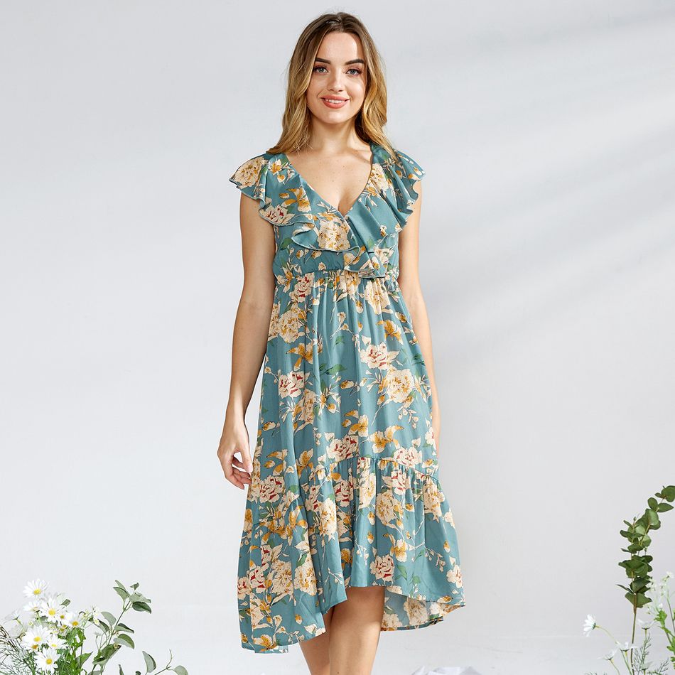 Floral Print Matching Vintage Midi Dresses Turquoise big image 6