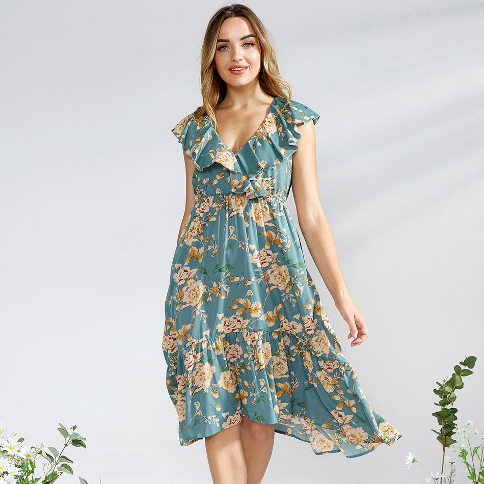 Floral Print Matching Vintage Midi Dresses Turquoise big image 5