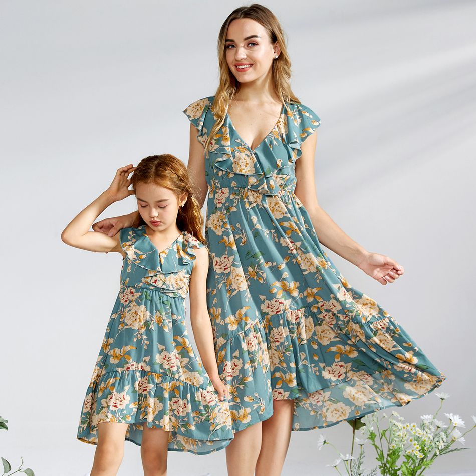 Floral Print Matching Vintage Midi Dresses Turquoise big image 2
