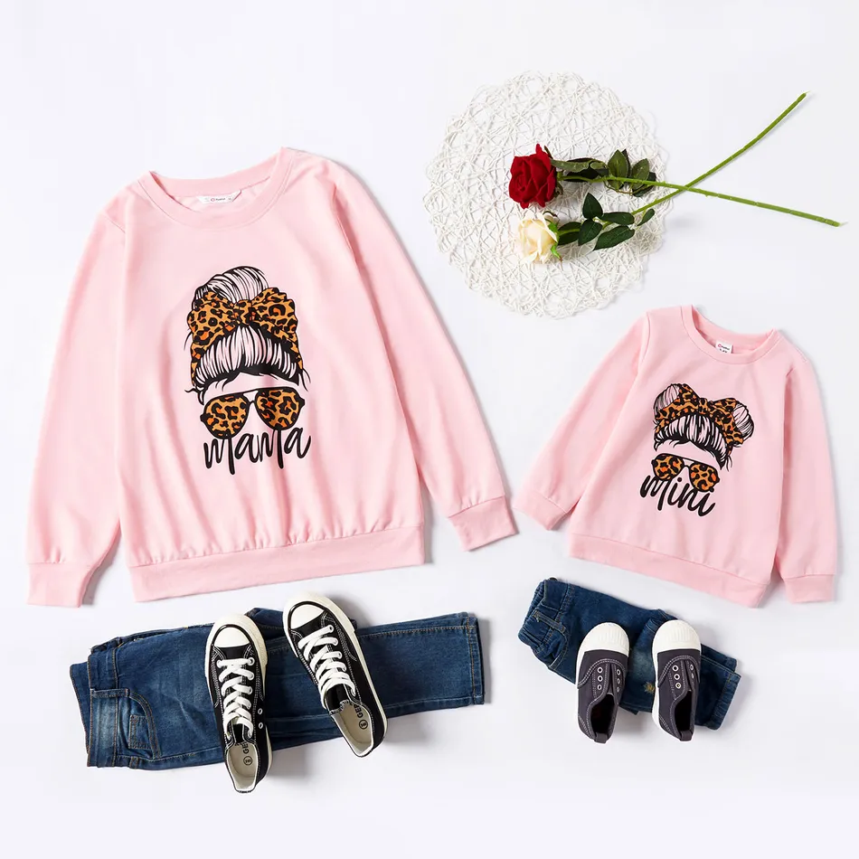 Letter Leopard Print Sweatshirts for Mommy and Me Pink