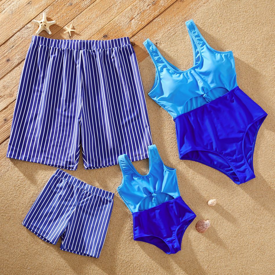 Stripe Print Splice Family Matching Blue Swimsuits Blue