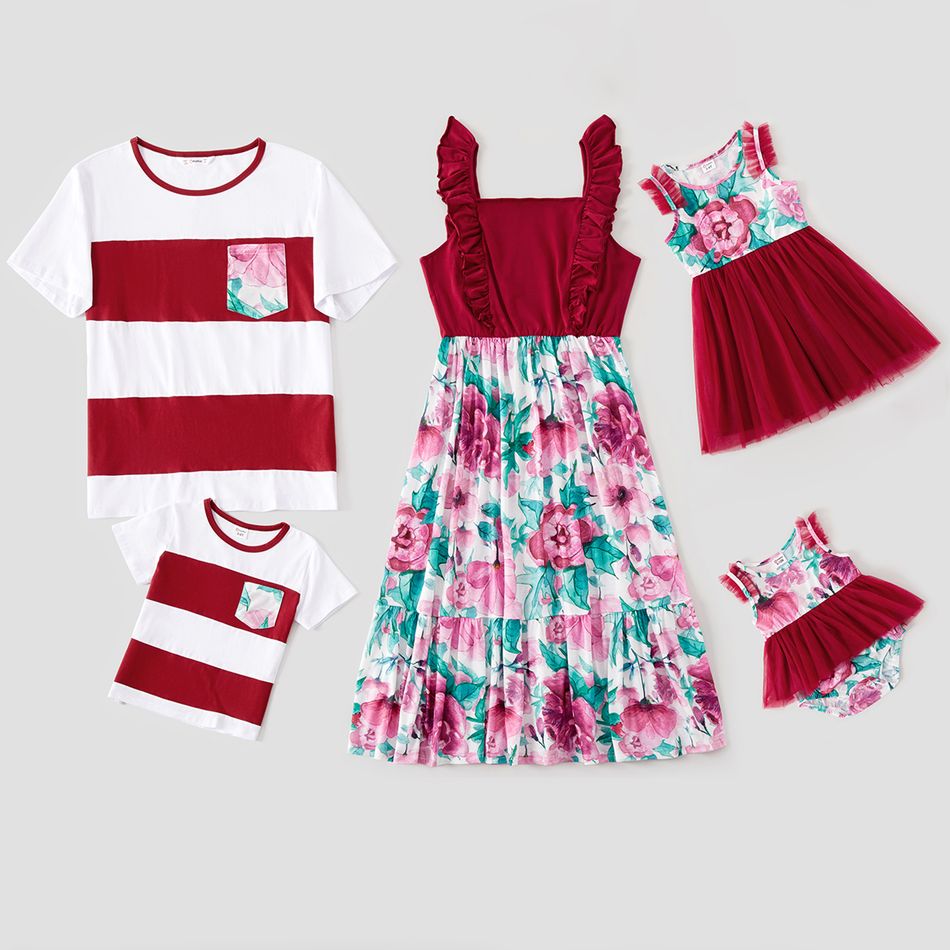 Mosaic Floral Print Color Block Family Matching Sets Burgundy