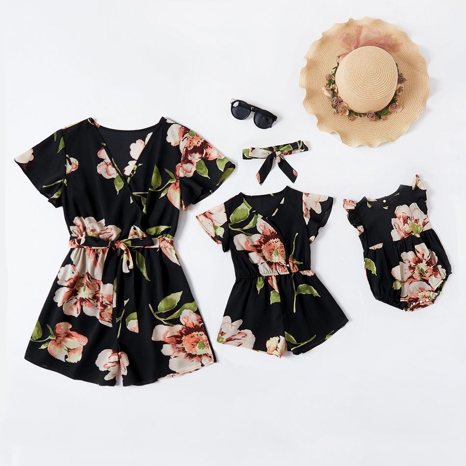 Floral Print Short-sleeve Black Cotton Shorts Rompers for Mommy and Me Black