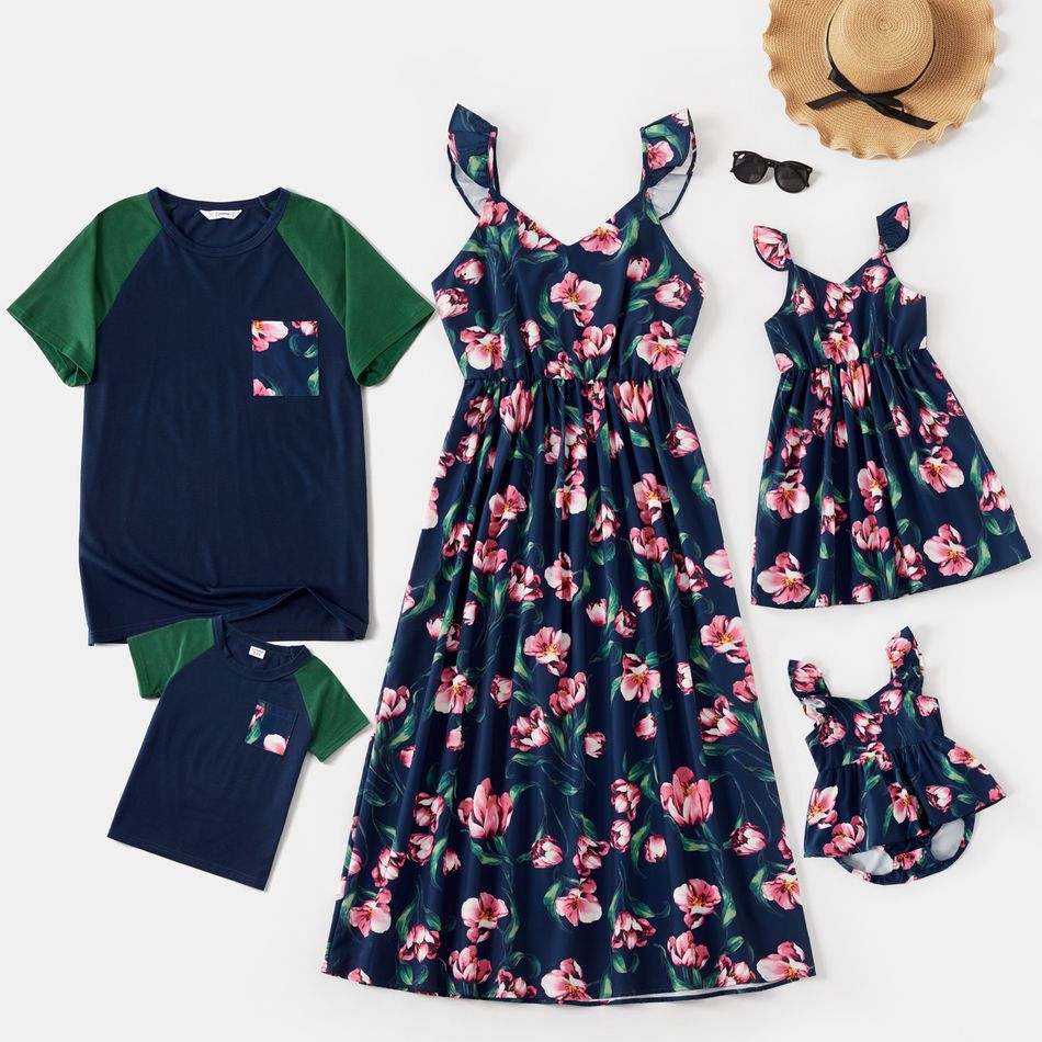 Mosaic Floral Print Family Matching Dark Blue Sets Royal Blue