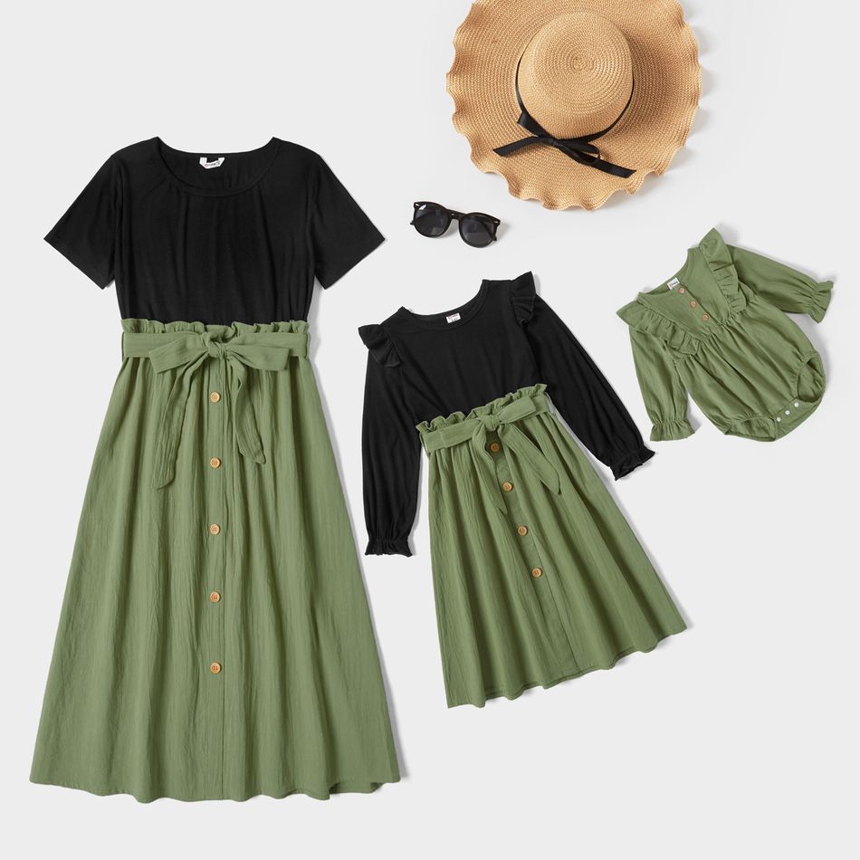 Color Block Splice Matching Black Green Midi Dresses Color block