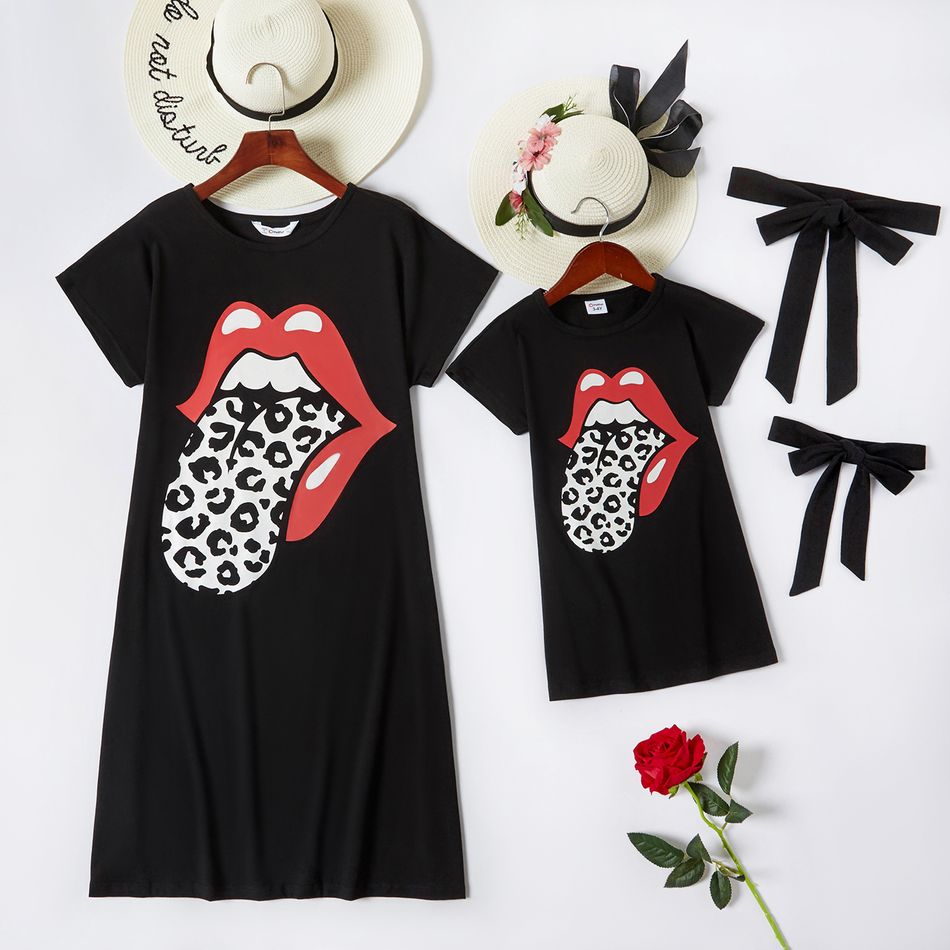 Leopard Tongue Print Short-sleeve Matching Black Midi Dresses Black