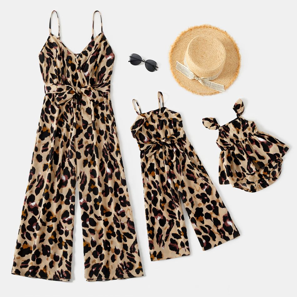 Leopard Allover Sleeveless Matching Khaki Sling Jumpsuits Khaki
