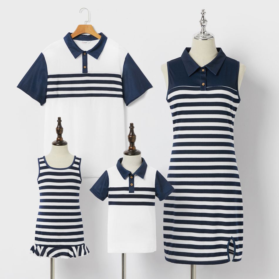 Mosaic Stripe Print Family Matching Navy Blue and White/Pink/Army green Sets Dark Blue/white