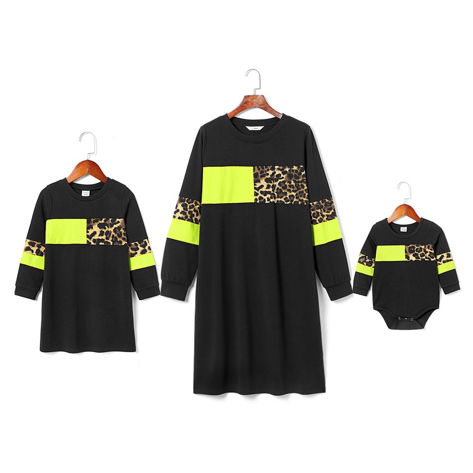Colorblock Splice  Long-sleeve Matching Sweatshirts Dresses Black