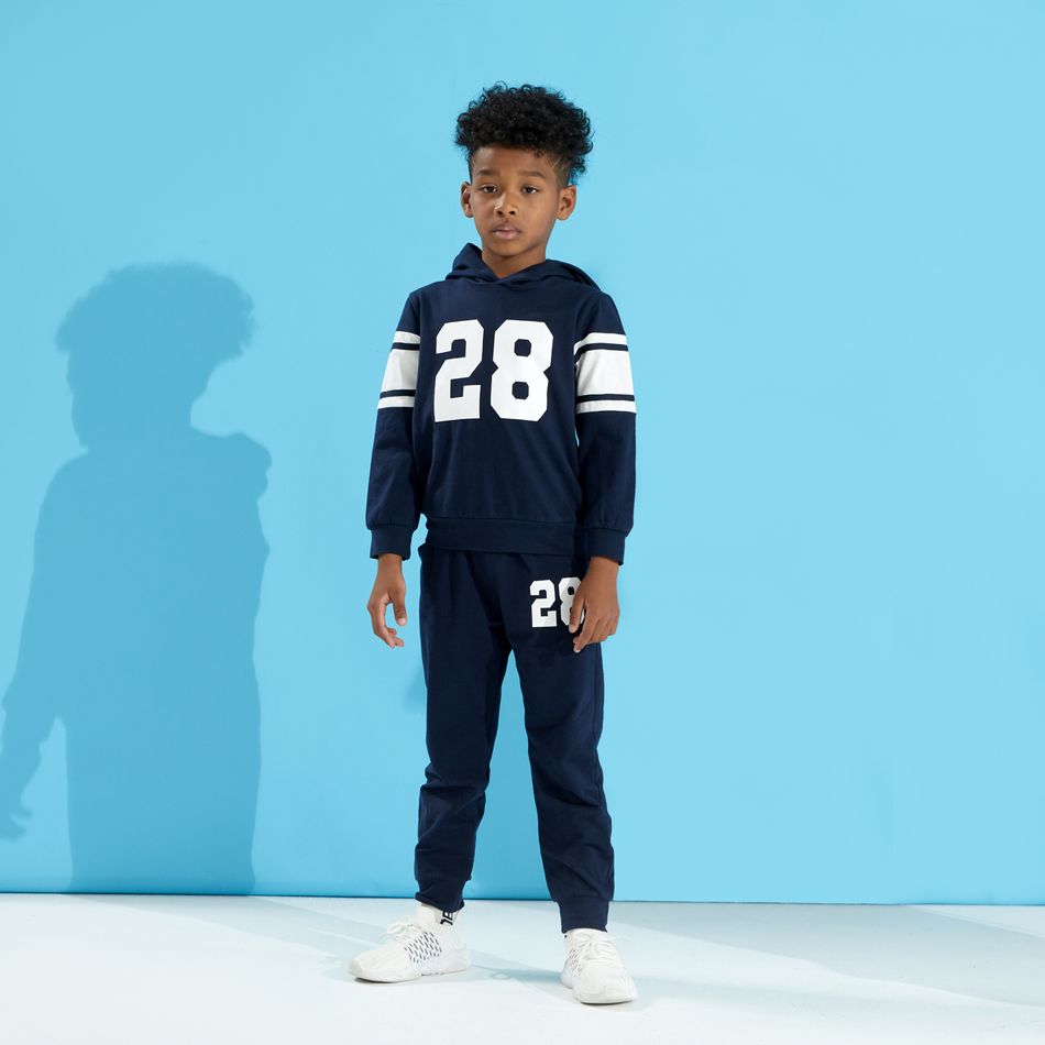 2-piece Kid Boy Number Print Hoodie and Elasticized Pants with Pocket Sporty Set Dark Blue big image 10