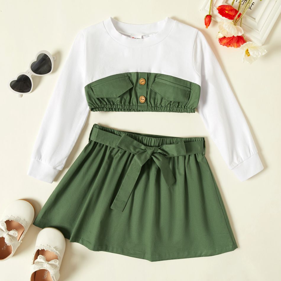 2-piece Toddler Girl Colorblock Button Decor Long-sleeve Crop Top and Bowknot Decor Solid Skirt Set Army green
