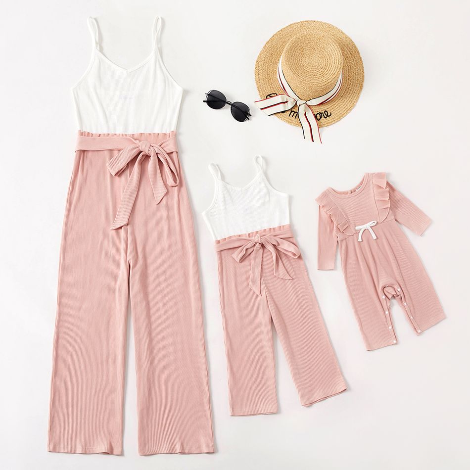 Cotton Ribbed White and Pink Splicing Sling Jumpsuit for Mom and Me Pink