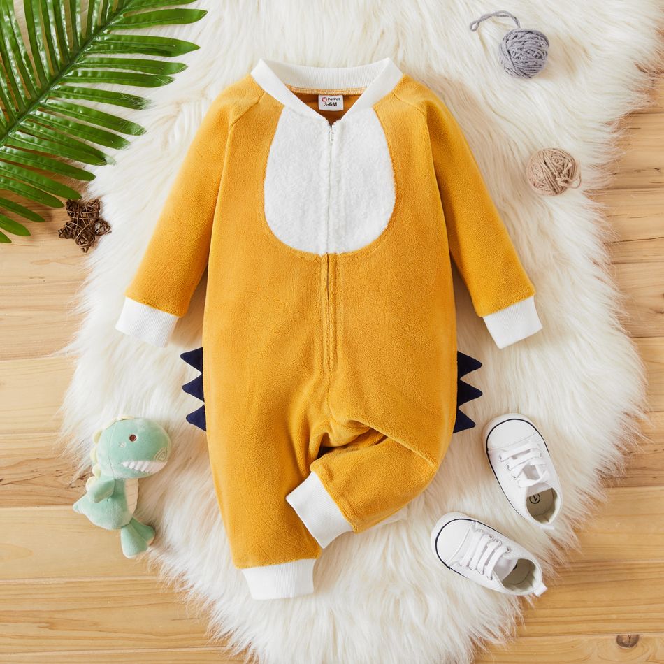 Baby Girl Color Block Long-sleeve Fleece Jumpsuit Yellow