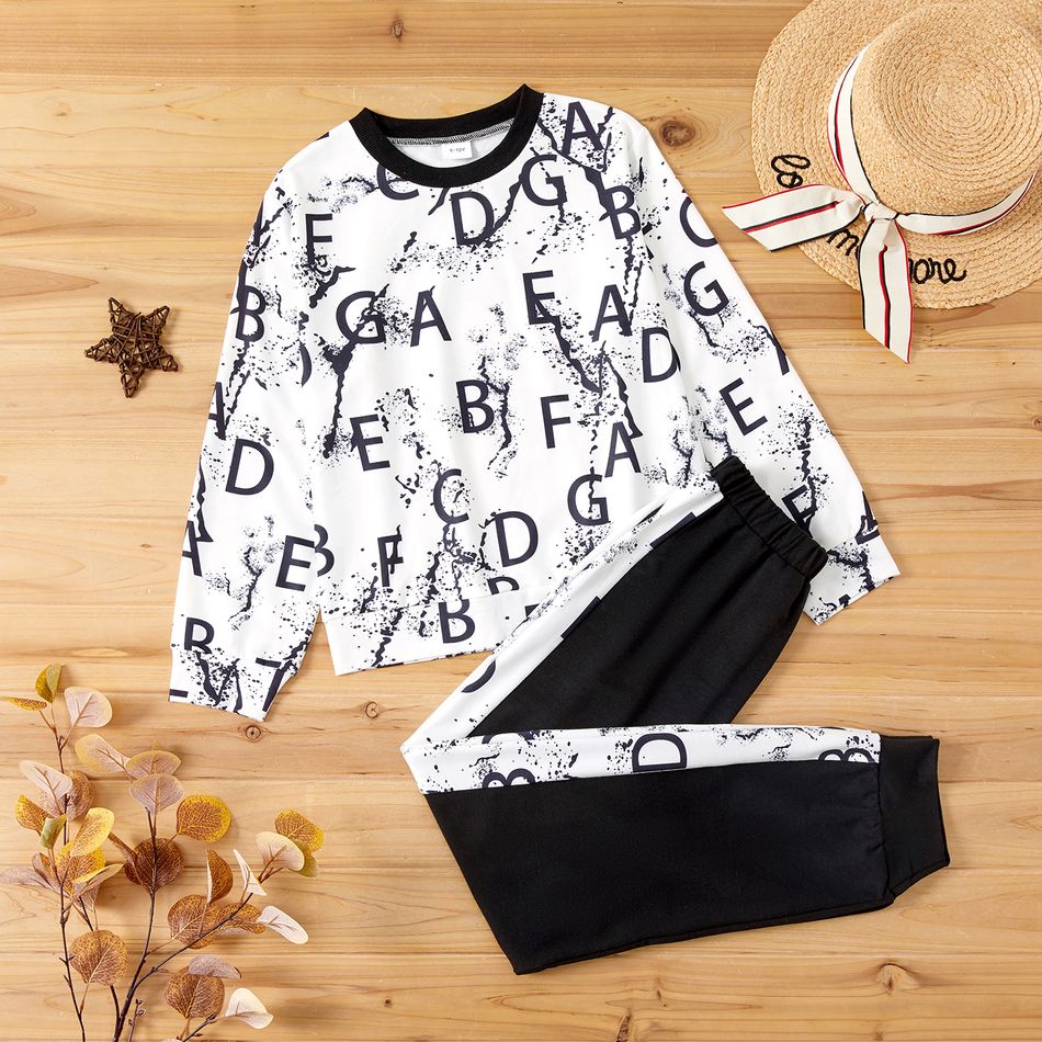 2-piece Kid Boy Letter Print Long-sleeve Top and Elasticized Pants Casual Set Black/White
