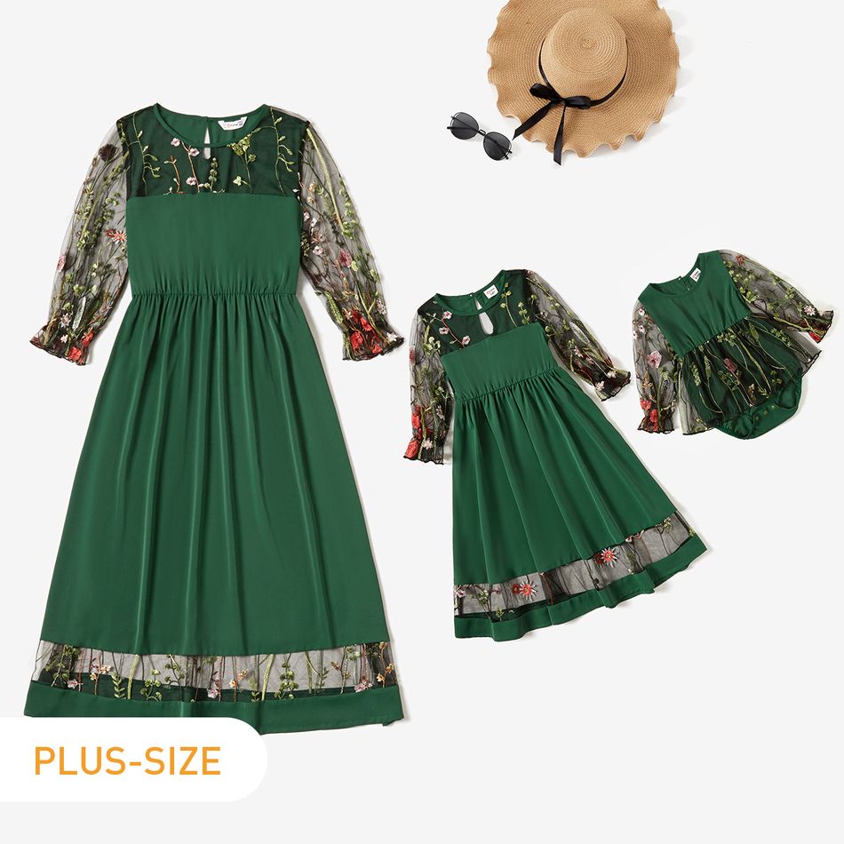Floral Embroidered Long-sleeve Green Dress for Mommy and Me Dark Green