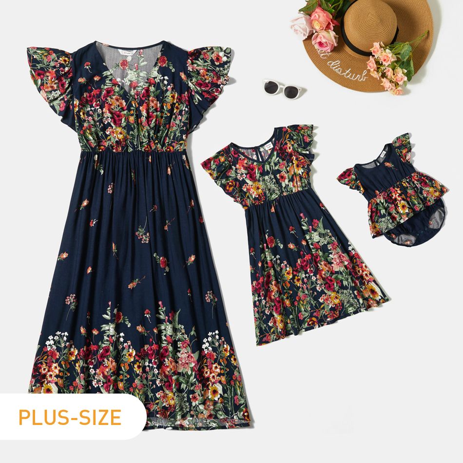 Floral Print Ruffle Sleeve Dress Romper for Mommy and Me Royal Blue
