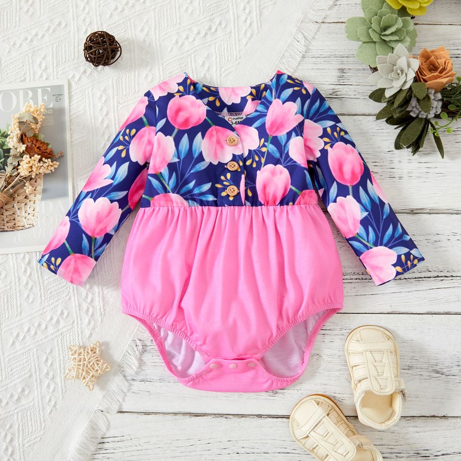 Baby Girl Plaid/Floral Print Button Front Long-sleeve Romper Pink