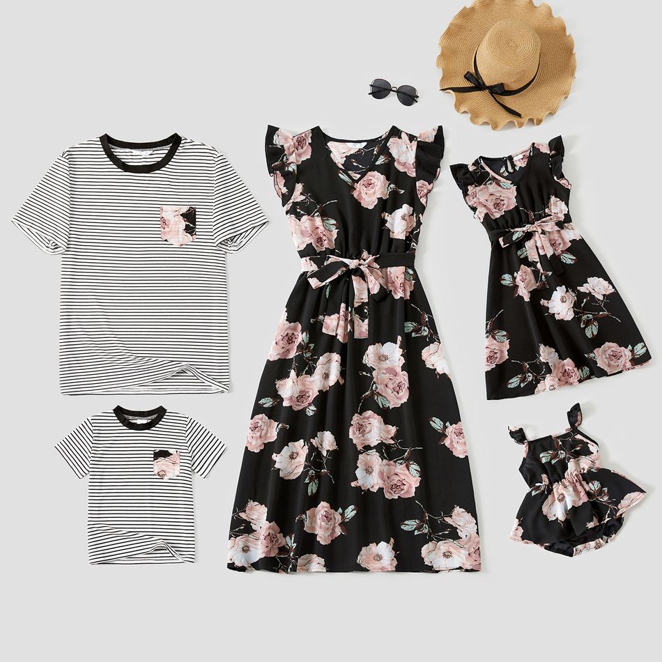Floral Print Black Family Matching Sets(Ruffle Sleeve Dresses for Mom and Girl;Striped Short Sleeve T-shirts for Dad and Boy) Black