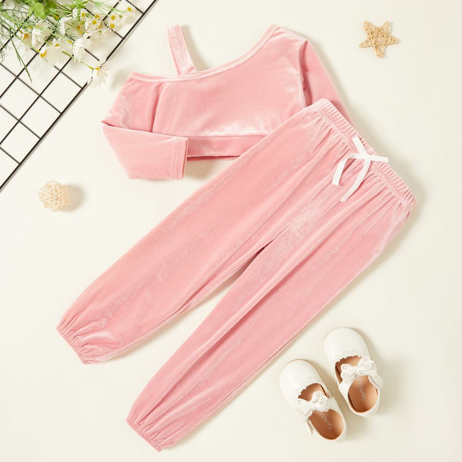 2-piece Toddler Girl One Shoulder Solid Strap Long-sleeve Top and Bowknot Elasticized Pants Velvet Set Pink