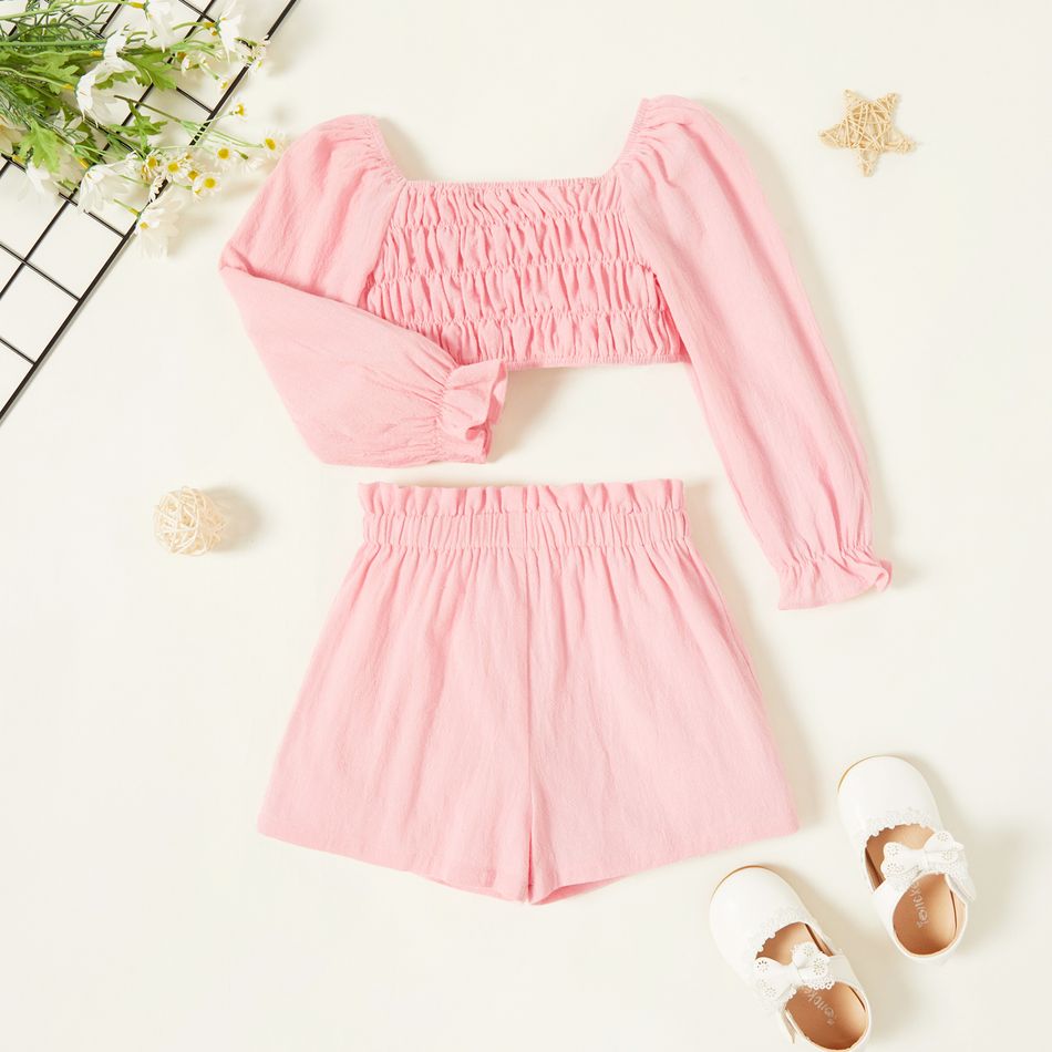 2-piece Toddler Girl 100% Cotton Square Neck Ruffle-sleeve Solid Smocked Top and Paperbag Shorts Set Pink