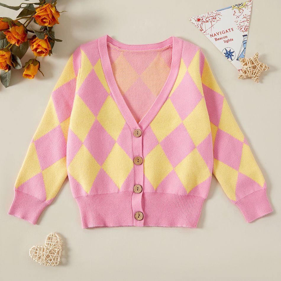 Fashionable Kid Girl Sweet Button Design Plaid Cardigan Sweater Pink