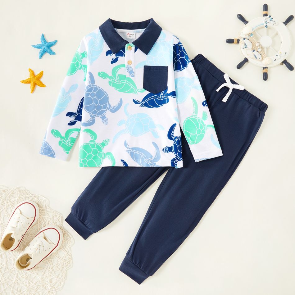 2-piece Toddler Boy Turtle Print Long-sleeve Polo Shirt and Elasticized Blue Pants Set Blue