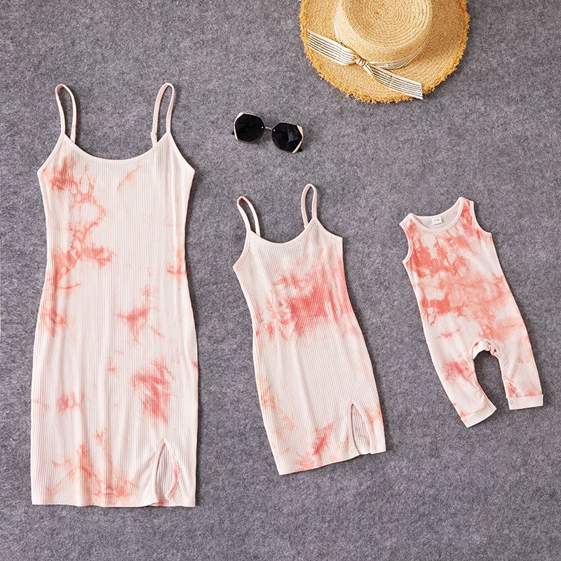 100% Cotton Tie-dye Series Sling Mini Dresses for Mom and Me Light Pink