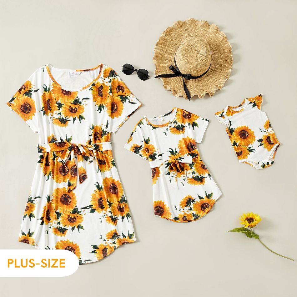 Sunflower Print White Short Sleeve Dresses with Waist Tie for Mommy and Me White